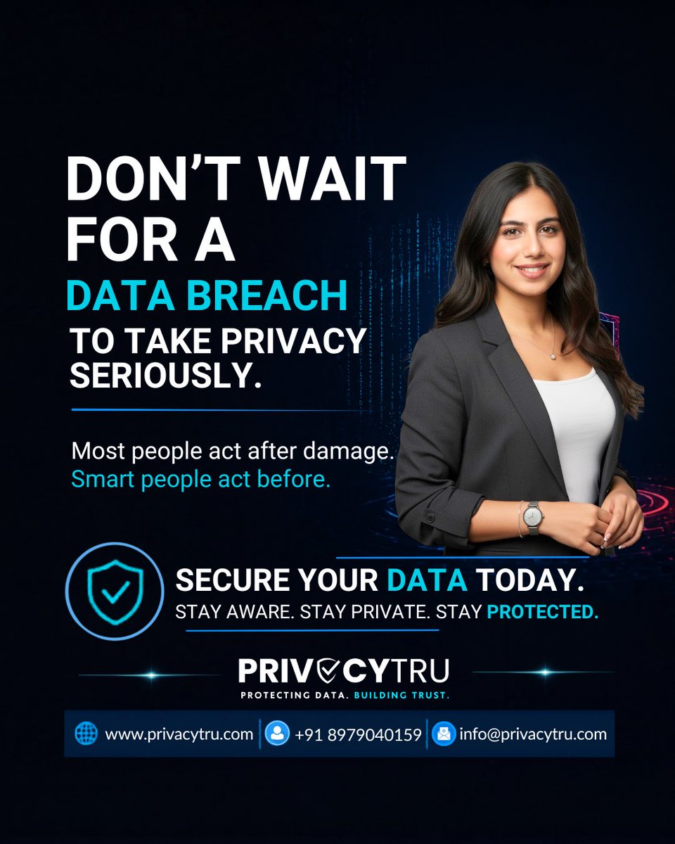 PrivacyTru's tweet photo. With India’s data protection law in place, ignoring privacy is no longer an option. 
Secure your data today. 
Contact &amp; Connect 
📍 India: +91 8979040159 
📍 Netherlands: +31 647249698
📩 info@privacytru.com
🌐 https://t.co/zaMalIDCx1 

#DataPrivacy #DataProtection #PrivacyTru https://t.co/EvOmMMoKY7
