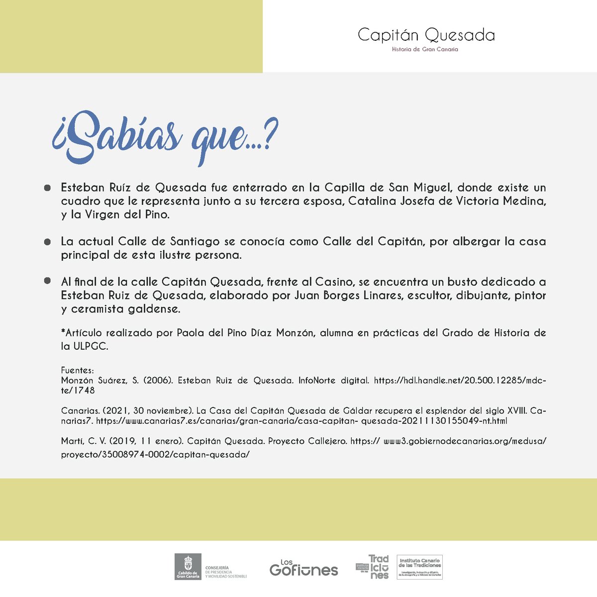 insctradiciones's tweet photo. La icónica «Calle Larga» de Gáldar recibe el nombre Capitán Quesada, pero ¿quién era este personaje?
#ictradiciones #capitánquesada #gáldar #islascanarias #personajesilustres #nortedegrancanaria #historia #presidenciadelcabildodegrancanaria @LosGofiones  @GranCanariaCab https://t.co/pQzGyMQ6DF