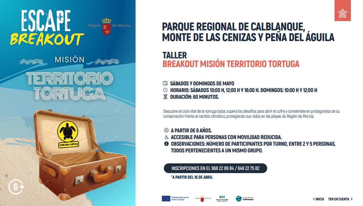 CalblanquePR's tweet photo. ¡Quedan turnos disponibles para el #Breakout #TerritorioTortuga en el #CVLasCobaticas durante el mes de mayo! 

Supera los desafíos para abrir el cofre y ayuda a la protección de la #TortugaBoba en #CalblanquePR 🌊🐢

📝 Llama para inscribirte 968 228 984 / 649 227 582 📞 https://t.co/CEViPVVnnr