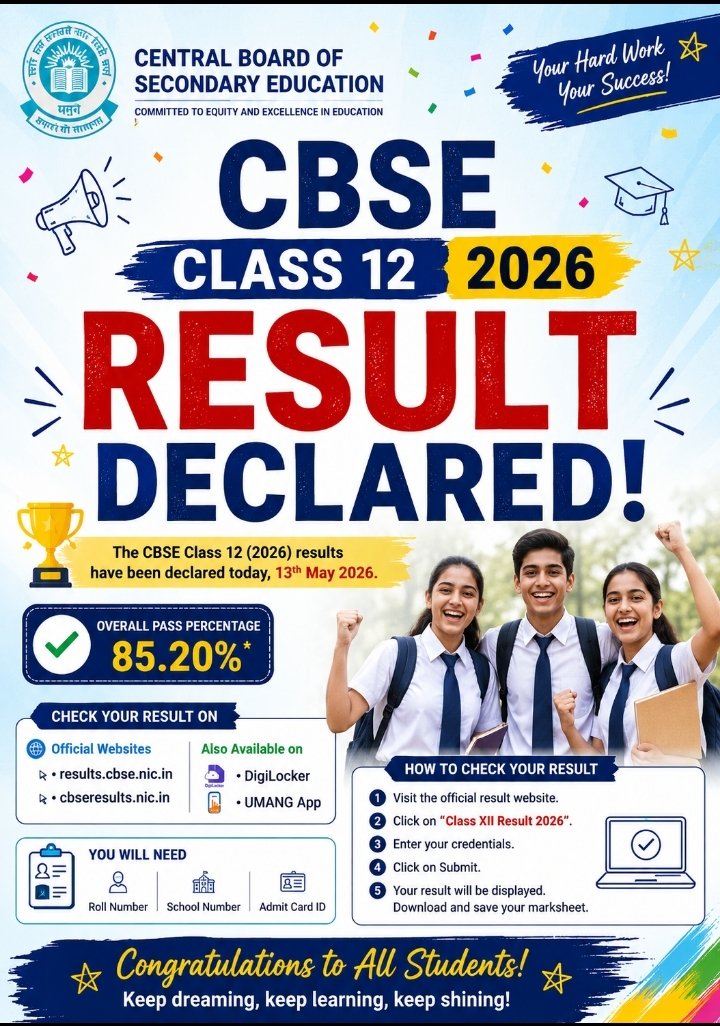 Bhumika_Office's tweet photo. 🎉 CBSE Class 12 Result 2026 Declared! 📚
Your hard work, dedication, and sleepless nights have finally paid off. 💯
Check your results now and step confidently towards your dreams. 🌟
Congratulations to all students! 🏆
#CBSEResult2026 #Class12Result #CBSE #ResultsOut #StudentSuccess #BoardExam #Congratulations #Education