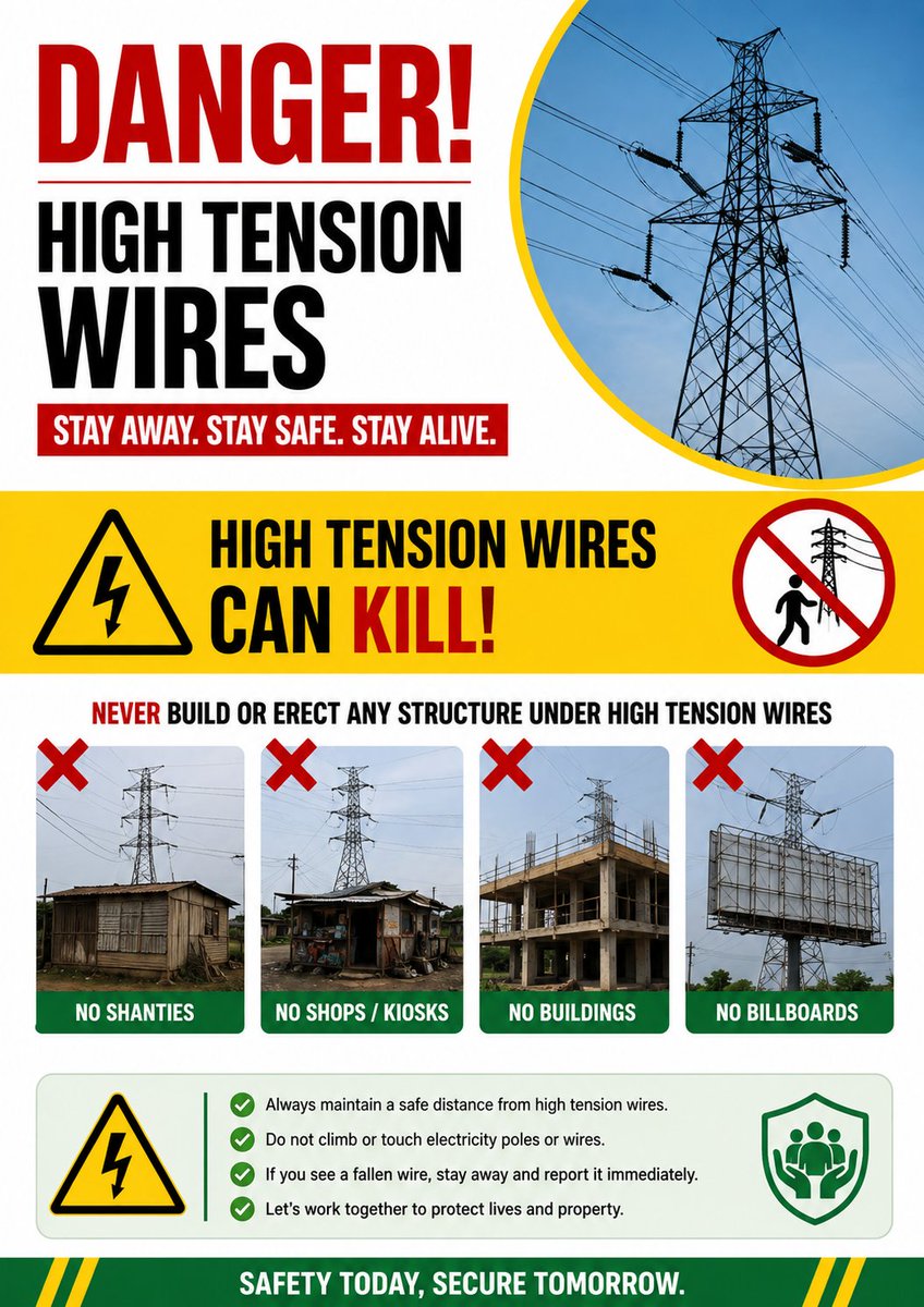 ogun_safety's tweet photo. The Mobalufon tragedy in Ijebu-Ode is a painful warning: never build or erect structures under high-tension wires. One avoidable mistake can cost lives and livelihoods. Safety regulations must be obeyed and enforced. #publicsafety #safetyfirst https://t.co/067J5tZTaN