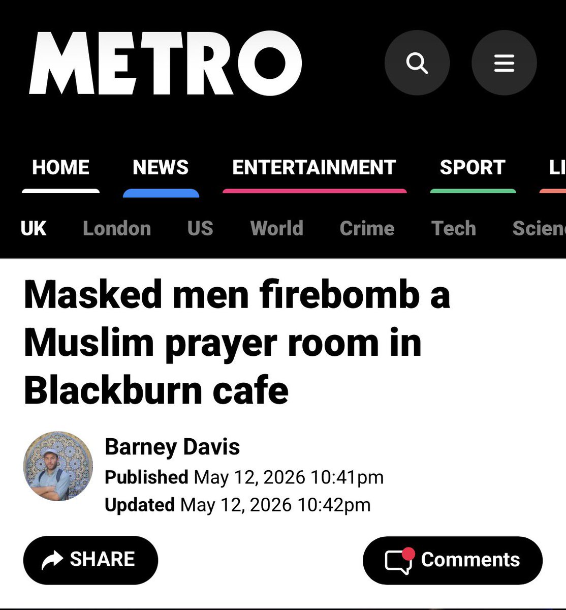 MonkEmma's tweet photo. 2 days ago a Muslim prayer room in cafe in Blackburn was firebombed.

@MetroUK and 2 local news stations are the only ones to cover it.

Where are the press briefings, the calls to stamp out Islamophobia, the wall to wall media coverage?

Attacks against Jews and Jewish prayer spaces are a real and dangerous problem. But so are attacks against Muslims and Muslim prayer spaces.🤷🏼‍♀️

Why are they not afforded the same coverage?