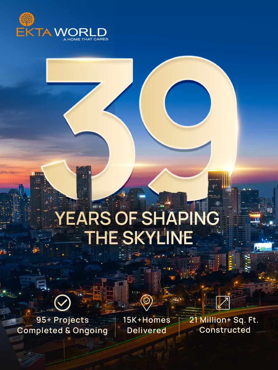 EktaWorld's tweet photo. 39 Years of building with care, trust, and purpose.
From homes that hold dreams to landmarks that shape skylines, every square foot reflects a journey built around people first.

#EktaWorld #RealEstateLegacy #LifeAtEktaWorld #MumbaiRealEstate https://t.co/taVsVgqe6l