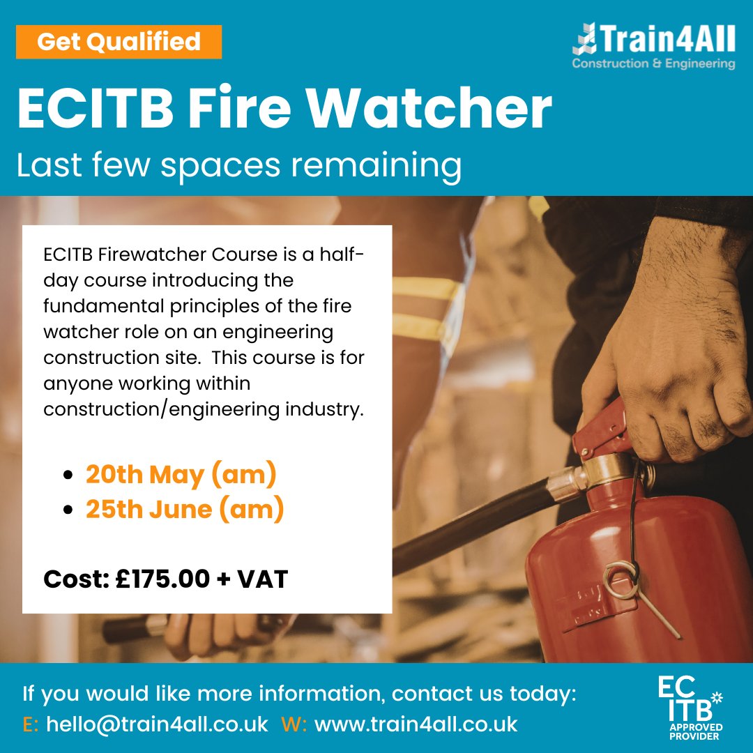 Train4All's tweet photo. Two new dates have been released for the next Engineering Construction Industry Training Board Fire Watcher course, reserve your place today. 🔥

🗓️ 20th May
🗓️ 25th June 

Email Cat at hello@train4all.co.uk #BuildYourFuture https://t.co/dSZ1VHPyL7