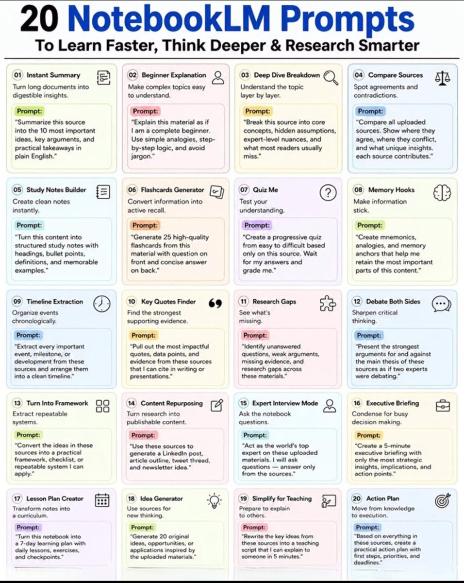 AamirAnsar94694's tweet photo. 20 Powerful NotebookLM Prompts
To Learn Faster ⚡ Think Smarter 🧠 & Research Like a Pro 🔍

0️⃣1️⃣ Instant Summary
Turn massive documents into quick, clear insights.
👉 Prompt:
“Summarize this source into the 10 most important ideas, key arguments, and practical takeaways in plain English.”

0️⃣2️⃣ Beginner-Friendly Explanation
Understand even the hardest topics easily.
👉 Prompt:
“Explain this material as if I am a complete beginner. Use simple analogies, step-by-step logic, and avoid jargon.”

0️⃣3️⃣ Deep Dive Analysis
Go beyond surface-level understanding.
👉 Prompt:
“Break this source into core concepts, hidden assumptions, expert-level nuances, and what most readers usually miss.”

0️⃣4️⃣ Compare Multiple Sources
Find patterns, contradictions & unique insights.
👉 Prompt:
“Compare all uploaded sources. Show where they agree, where they conflict, and what unique insights each source contributes.”

0️⃣5️⃣ Smart Study Notes
Create organized notes instantly.
👉 Prompt:
“Turn this content into structured study notes with headings, bullet points, definitions, and memorable examples.”

0️⃣6️⃣ Flashcards Generator
Learn faster with active recall.
👉 Prompt:
“Generate 25 high-quality flashcards from this material with question on front and concise answer on back.”

0️⃣7️⃣ Quiz Me Mode
Test your knowledge step-by-step.
👉 Prompt:
“Create a progressive quiz from easy to difficult based only on this source. Wait for my answers and grade me.”

0️⃣8️⃣ Memory Hacks
Make important ideas unforgettable.
👉 Prompt:
“Create mnemonics, analogies, and memory anchors that help me retain the most important parts of this content.”

0️⃣9️⃣ Timeline Builder
Organize events with clarity.
👉 Prompt:
“Extract every important event, milestone, or development from these sources and arrange them into a clean timeline.”

🔟 Powerful Quotes Finder
Pull out the best evidence instantly.
👉 Prompt:
“Pull out the most impactful quotes, data points, and evidence from these sources that I can cite in writing or presentations.”

1️⃣1️⃣ Research Gaps Detector
Discover what others missed.
👉 Prompt:
“Identify unanswered questions, weak arguments, missing evidence, and research gaps across these materials.”

1️⃣2️⃣ Debate Both Sides
Train your critical thinking.
👉 Prompt:
“Present the strongest arguments for and against the main thesis of these sources as if two experts were debating.”

1️⃣3️⃣ Framework Creator
Turn ideas into repeatable systems.
👉 Prompt:
“Convert the ideas in these sources into a practical framework, checklist, or repeatable system I can apply.”

1️⃣4️⃣ Content Repurposing Machine
Transform research into content.
👉 Prompt:
“Use these sources to generate a LinkedIn post, article outline, tweet thread, and newsletter idea.”

1️⃣5️⃣ Expert Interview Mode
Talk to your notebook like an expert.
👉 Prompt:
“Act as the world’s top expert on these uploaded materials. I will ask questions answer only from the sources.”

1️⃣6️⃣ Executive Briefing
Get only the highest-value insights.
👉 Prompt:
“Create a 5-minute executive briefing with only the most strategic insights, implications, and action points.”

1️⃣7️⃣ 7-Day Learning Plan
Turn information into a curriculum.
👉 Prompt:
“Turn this notebook into a 7-day learning plan with daily lessons, exercises, and checkpoints.”

1️⃣8️⃣ Idea Generator
Unlock creative opportunities.
👉 Prompt:
“Generate 20 original ideas, opportunities, or applications inspired by the uploaded materials.”

1️⃣9️⃣ Teach It Simply
Master ideas by explaining them clearly.
👉 Prompt:
“Rewrite the key ideas from these sources into a teaching script that I can explain to someone in 5 minutes.”

2️⃣0️⃣ Action Plan Builder
Convert knowledge into execution.
👉 Prompt:
“Based on everything in these sources, create a practical action plan with first steps, priorities, and deadlines.”

🔥 Save this list.
One great prompt can replace hours of confusion.

❤️ Like
🔁 Retweet
🔖 Bookmark

Follow @AamirAnsar94694 for more AI Posts

#AI #ArtificialIntelligence #AISkills #AIAgents #RAG