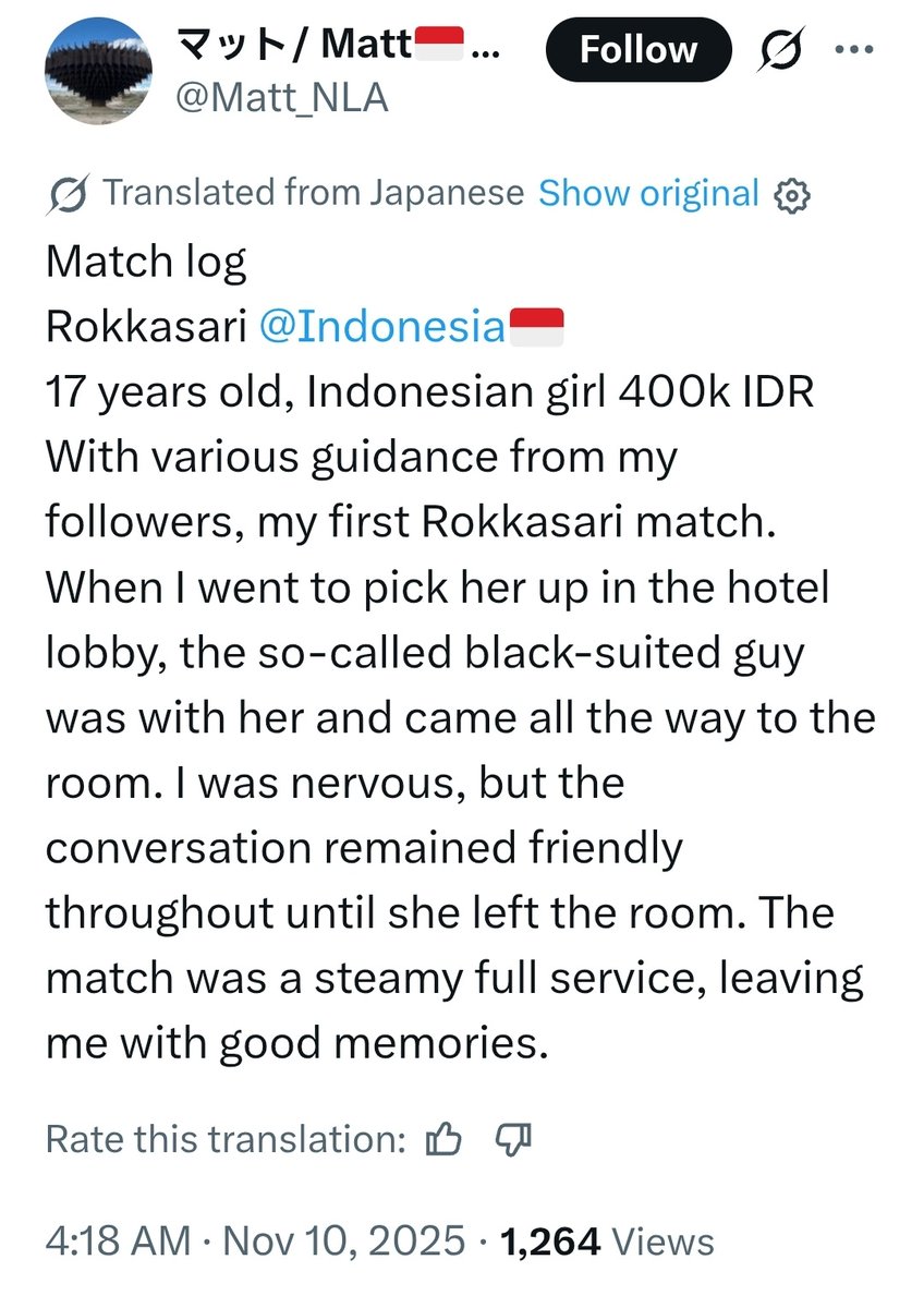 hunter_tnok's tweet photo. Indonesian police announced that “the woman is 18+, and it was a consensual relationship. No evidence of prostitution was found in Jakarta.” However, a Japanese man posted that he bought a 17-year-old girl at Lokasari for 400,000 rupees after a pimp brought her to his hotel room. https://t.co/8GhzqzNORJ