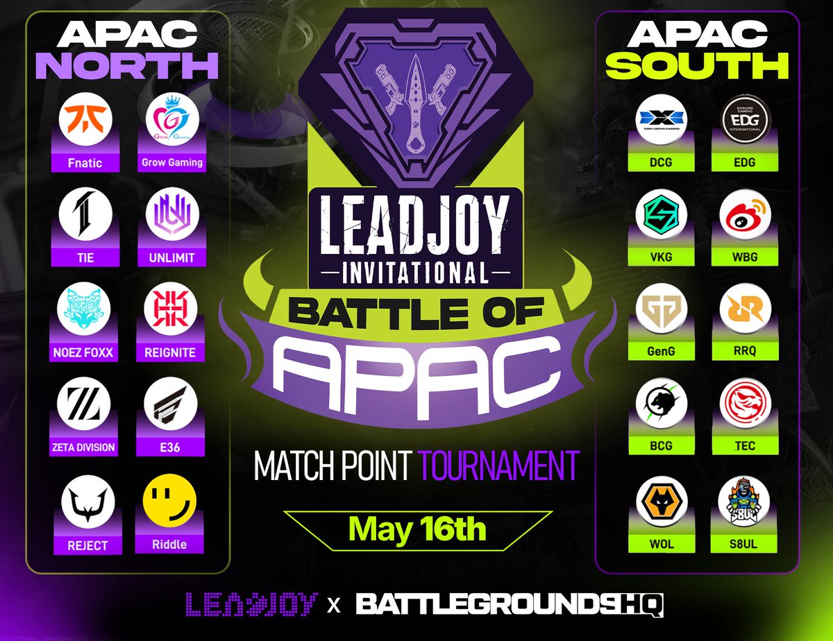 BattlegroundOCE's tweet photo. The Leadjoy Invitational goes live on 16th May at 6:00 PM SGT!

Get ready for an action-packed showdown with players trying to win for their region 🌍🔥

🌆 Sydney — 8:00 PM
🌅 Los Angeles — 3:00 AM
🤠 Dallas — 5:00 AM
🗽 New York — 6:00 AM
🎡 London — 11:00 AM

BATTLE OF APAC https://t.co/hyQohlR3FX