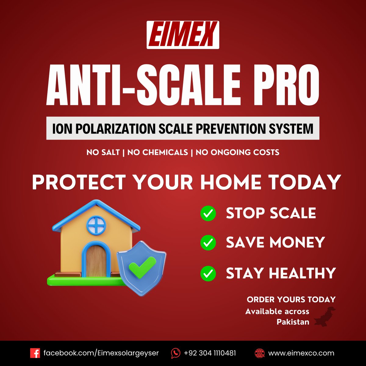 Eimexsolar's tweet photo. Hard water is silently destroying your geysers, pipes & appliances. 
Most people keep paying for salt, filters & repairs — forever.
There's a smarter fix.
Eimex Anti-Scale Pro — install once, forget forever. ✅ Zero running cost 
✅ No salt. No chemicals. 
✅ Minerals fully retained 
✅ 10–12 year lifespan
One device. Whole house protection. 24/7.
📲 Order now → 📞 +92 304 1110481
#HardWater #WaterSoftener #EimexPakistan #AntiScalePro #SolarGeyser #HardWaterSolution #PakistanHomes