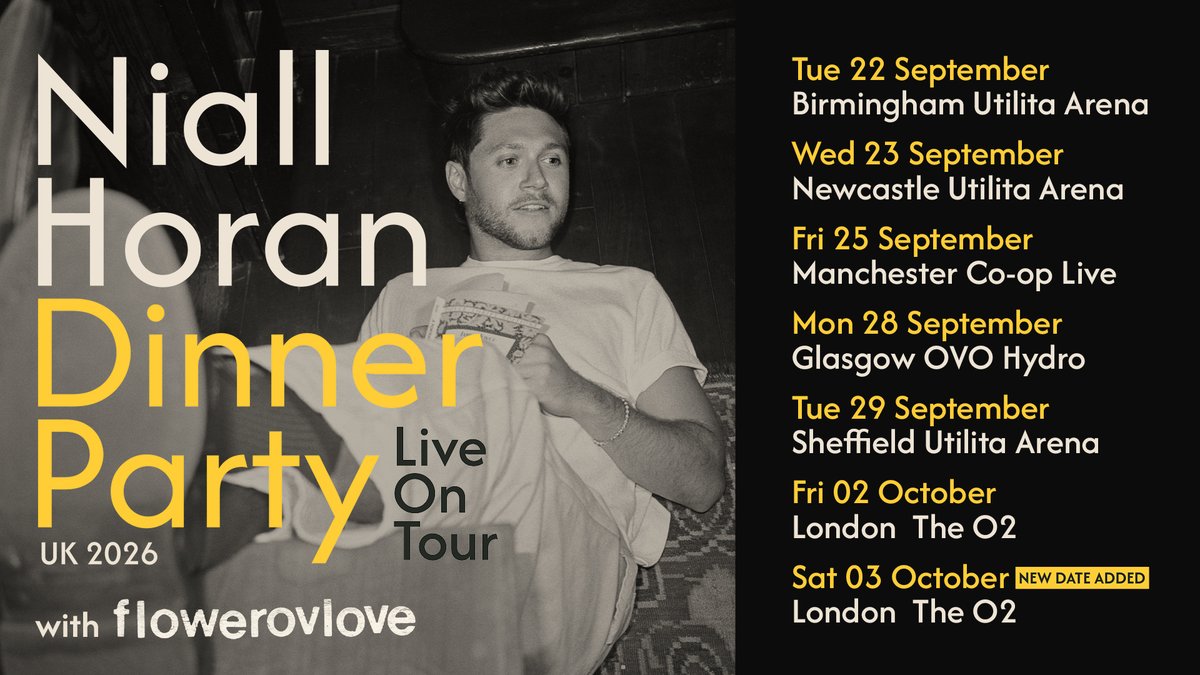 AXS_UK's tweet photo. #AXSUPDATE 🍜 @NiallOfficial has added Flowerovlove as support as he brings his Dinner Party Live On Tour to the UK this September and October!

⏰ Tickets on sale now
🎟️ https://t.co/pY0zEbSxpY https://t.co/oc49TYr1ch