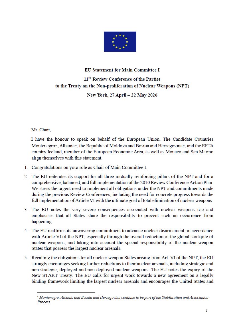 EU_NonProlif's tweet photo. 🔎 As the 2026 NPT Review Conference approaches its conclusion, questions of nuclear transparency and arsenal expansion remain central to ongoing discussions.

📄 Read the EU statement for Main Committee I at the 11th Review Conference of the Parties to the Treaty on the Non-Proliferation of Nuclear Weapons (NPT) (30 April 2026).

“The EU remains deeply concerned about China’s rapid, and opaque expansion of its nuclear arsenal, which is inconsistent with its disarmament commitments under the NPT.”

👉https://t.co/1nwAbP0qJG

💡 This statement highlights key challenges facing the NPT framework today:

• the role of transparency in reducing nuclear risks
• growing concerns over strategic competition
• implications for arms control and disarmament

#NPT2026 #NonProliferation #ArmsControl #China #EUNPDC