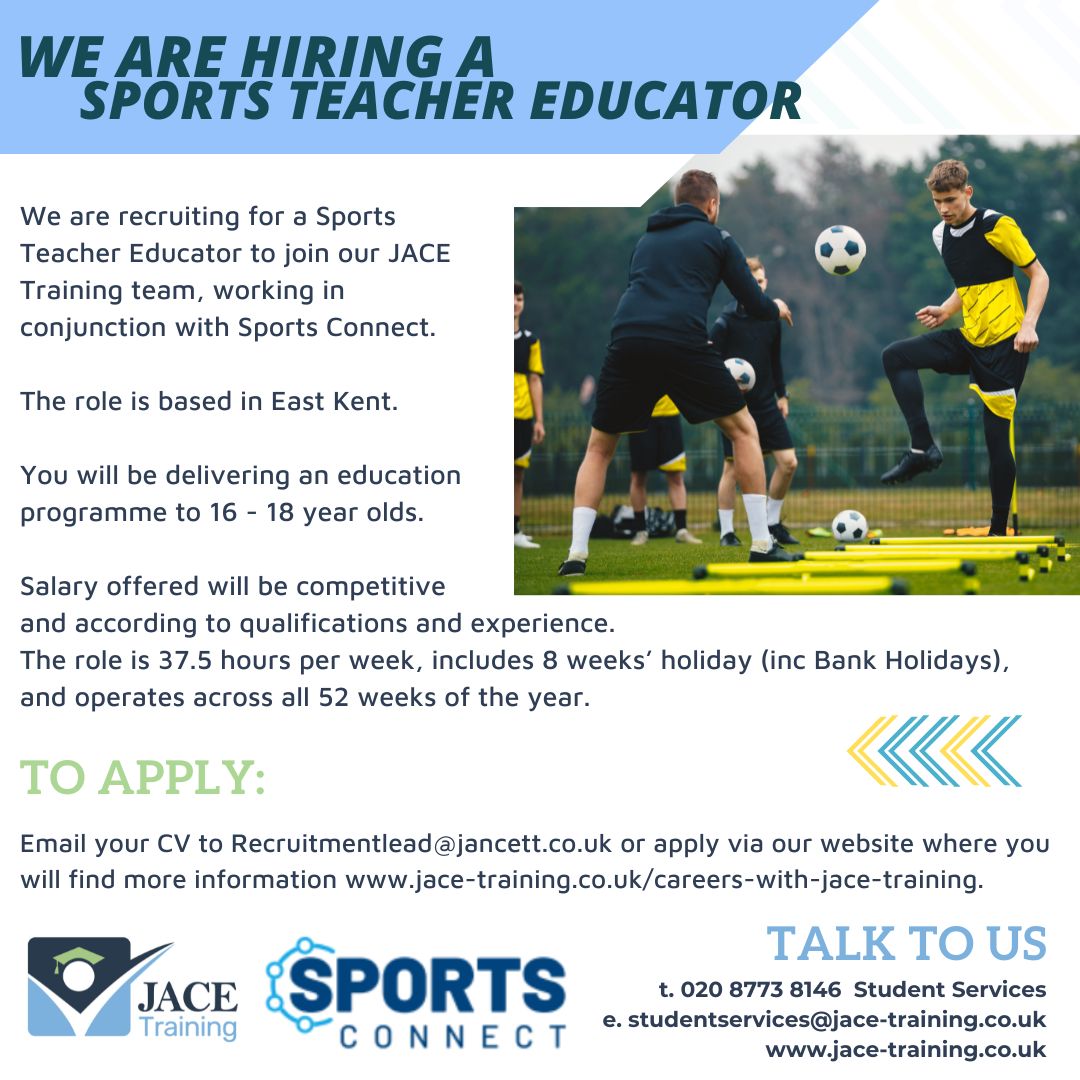JACETraining's tweet photo. Exciting opportunity for a Sports Teacher Educator to deliver 16-18 programmes across East Kent. Apply now to inspire the next generation in sport! Visit our JACE website for full job description https://t.co/cLQRBHZA7J #sport #teacher #kent #jobs #jobsinsport https://t.co/N8U6bEw0xN