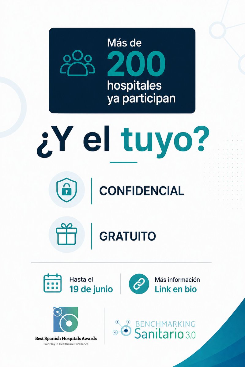 premiosbsh's tweet photo. ¿Qué obtienes al participar en los Premios BSH?

📊 Benchmarking
🏥 Compararte
📈 Mejorar

Más de 200 hospitales ya han participado.

✔ Confidencial
✔ Gratuito

📅 Inscripciones hasta el 19 de junio

🔗 https://t.co/v9qpmIXPOw

#PremiosBSH #GestiónSanitaria #Benchmarking https://t.co/oqfUkLeeai