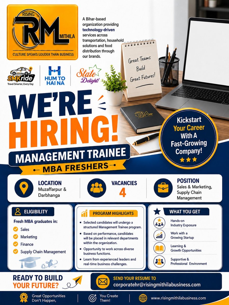 state_delight's tweet photo. 🚀 Fresh MBA Graduates, Your Career Starts Here!

📩 Send your resume to: [corporatehr@risingmithilabusiness.com](mailto:corporatehr@risingmithilabusiness.com)

#Hiring #MBAJobs #ManagementTrainee #MBAFreshers #BiharJobs #Muzaffarpur #Darbhanga #SalesAndMarketing https://t.co/6jMQLORz08
