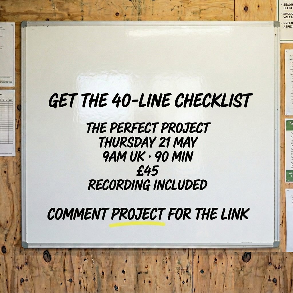 developcoaching's tweet photo. 40 lines on the £1m builder's prelims checklist. You miss 7.

£15-20k of margin gone before a brick gets laid.

Workshop Thursday 21 May. £45.

https://t.co/Pd1BOybbq6 https://t.co/pJOuYrbFc9