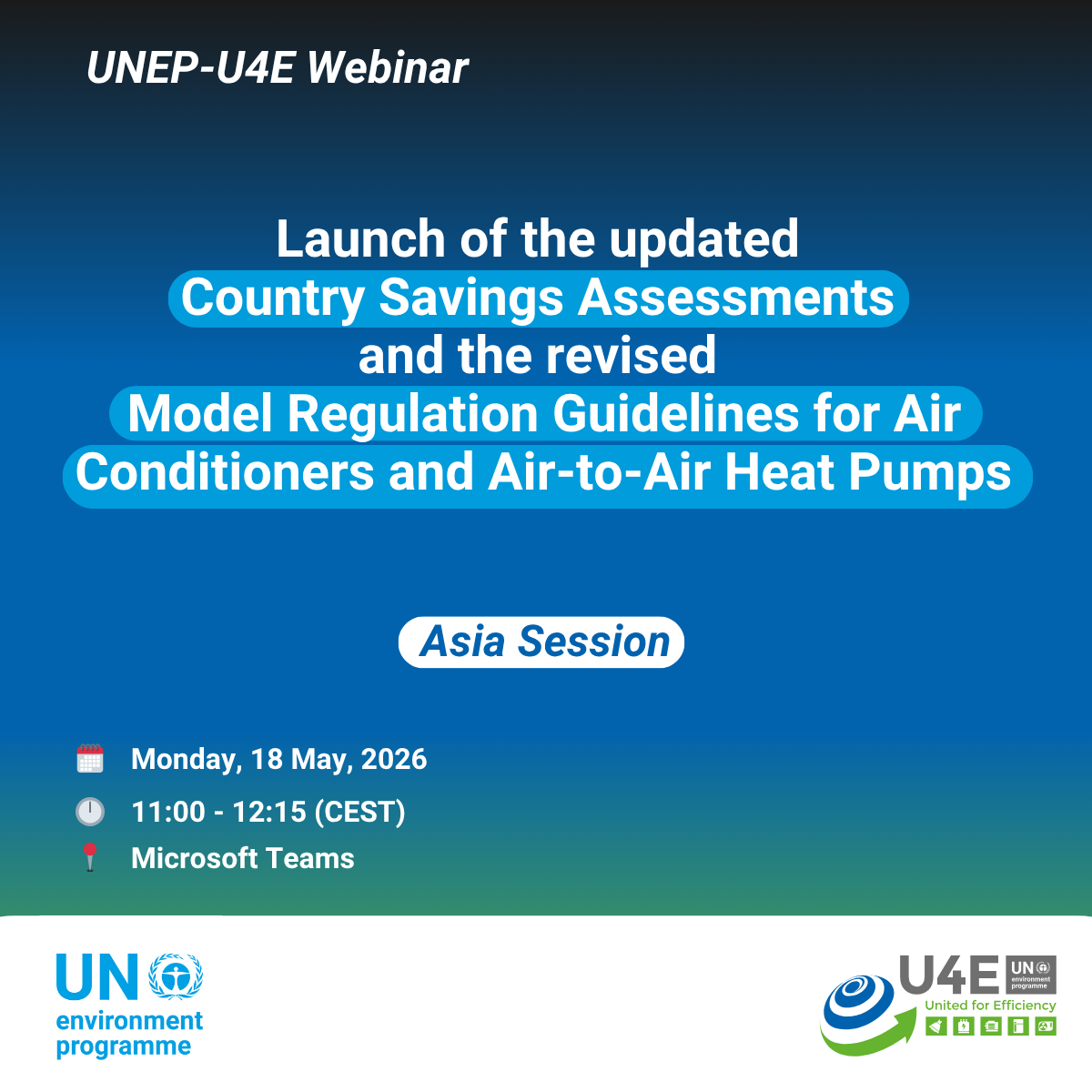 U4Efficiency's tweet photo. 📢 We're launching updates to two key energy efficiency tools for developing countries!

Join our regional webinars to learn more:

🌏 Asia Session – 18 May, 11:00 CEST → https://t.co/ZRQac2dJFG

🌍 Africa Session – 20 May, 14:00 CEST → https://t.co/fsWEQ6tQVn https://t.co/2G4liT0725