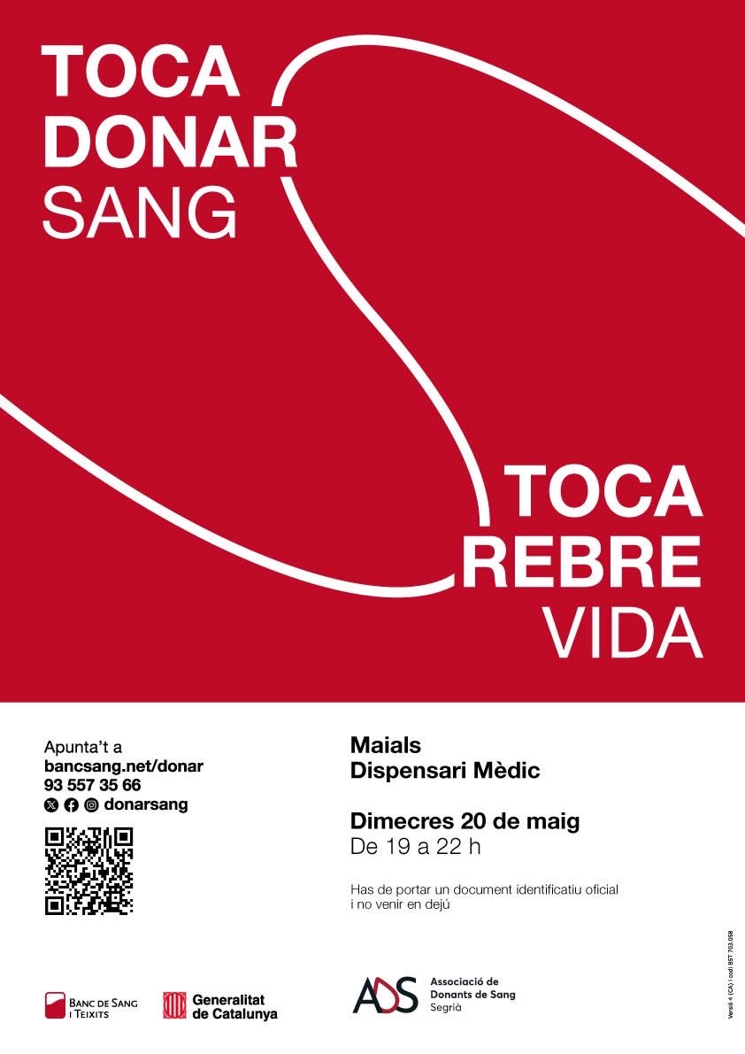 ajmaials's tweet photo. 🩸 El dimecres 20 de maig, toca donar vida! De les 19.00 a les 22.00 h, es podrà donar sang al Consultori Mèdic. Us animem a participar-hi!

#Maials #DonarSang 
@donarsang https://t.co/tC36nrwxzg