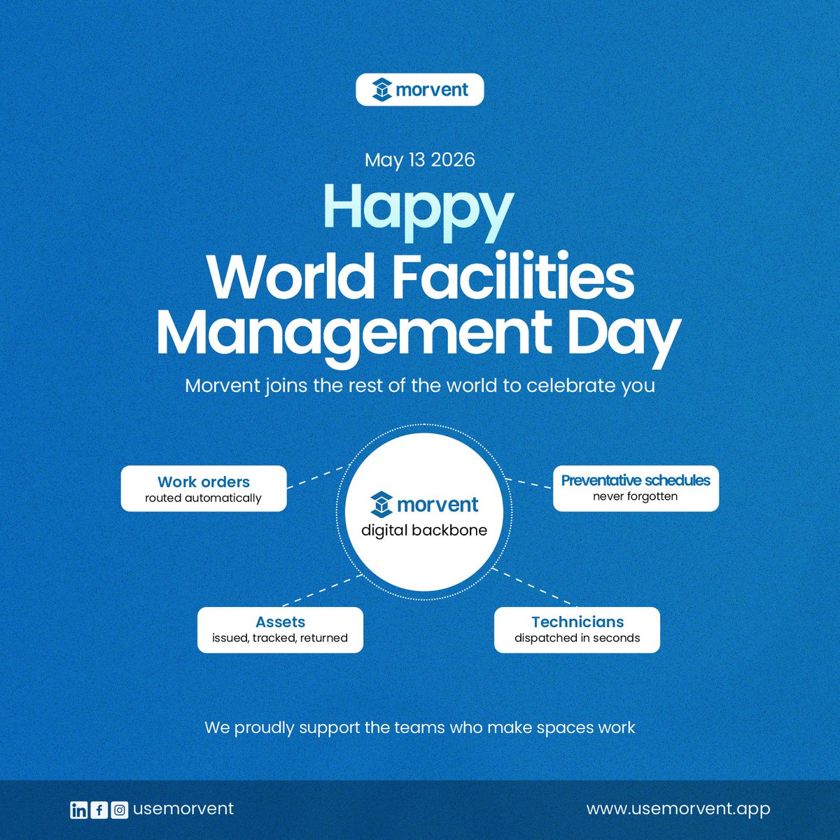 Usemorvent's tweet photo. Happy World Facilities Management Day to everyone making spaces work better every day.

At Morvent, we’re proud to support organisations with tools that improve operational visibility and make facility management more seamless and efficient. https://t.co/eq9QF1TNjt