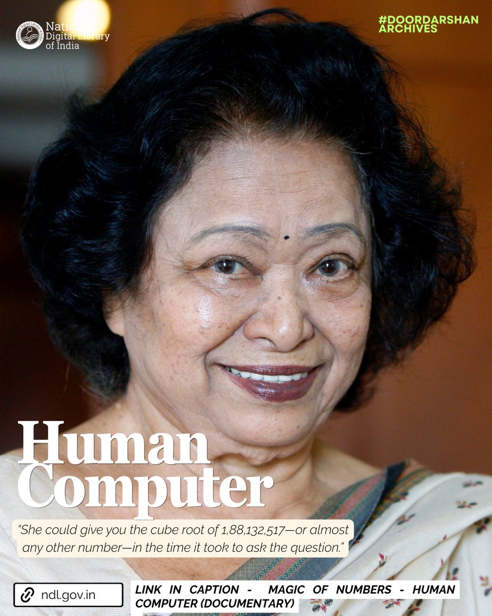 NDLIndia's tweet photo. https://t.co/y7Vh3CLEKa -  Magic of Numbers - Human Computer (documentary)
At Imperial College London in 1980, she multiplied two 13-digit numbers in her head in under half a minute, beating the computer that had been set the same task. 
#ShakuntalaDevi #MentalMath #HumanComputer https://t.co/FdbCDJgq9l