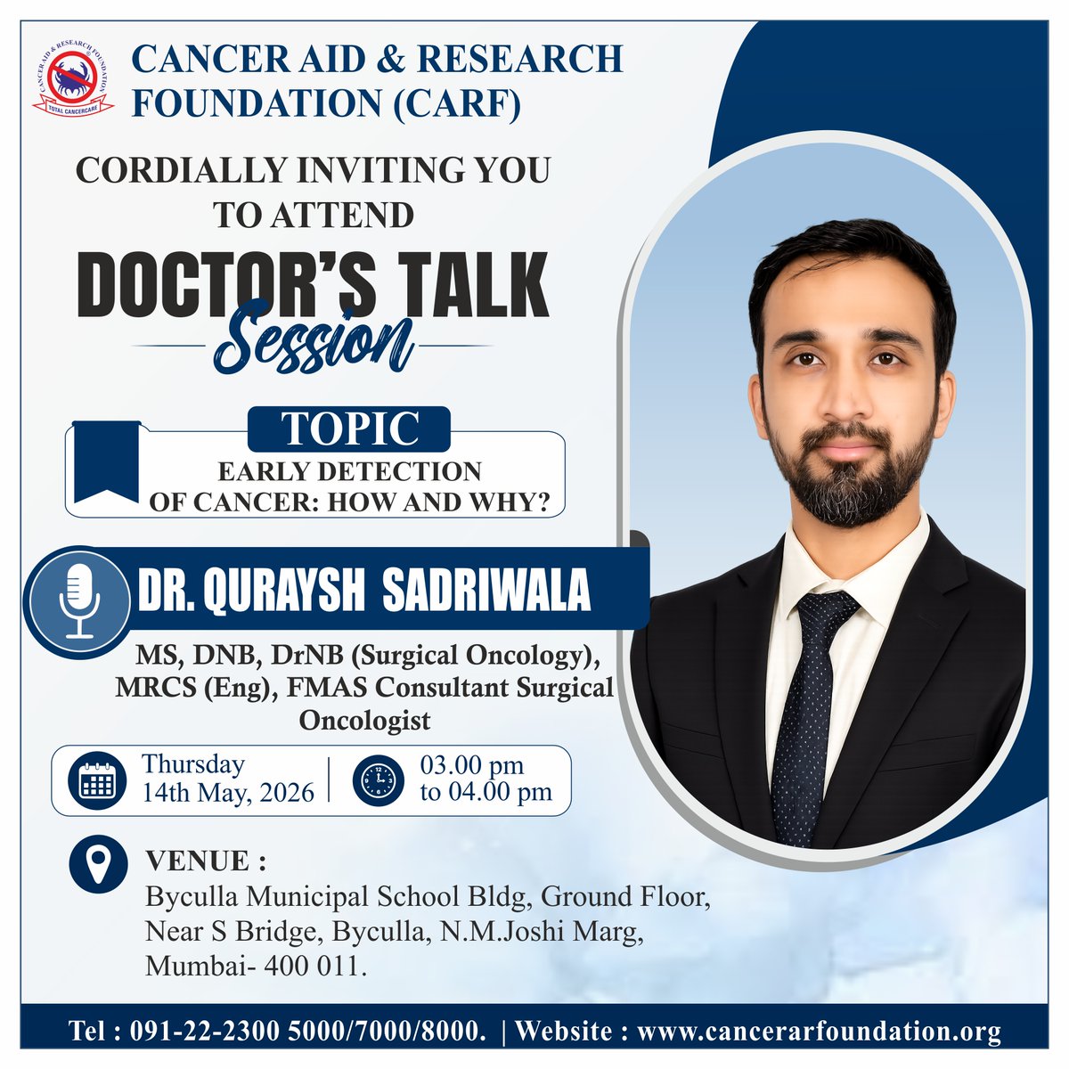 CARF3's tweet photo. Cancer Aid &amp; Research Foundation (CARF) cordially invites you to attend an informative Doctor’s Talk Session focused on Early Detection of Cancer: How and Why?

For more details, visit: https://t.co/KzASgpmedW https://t.co/xxKZQ8pVvl