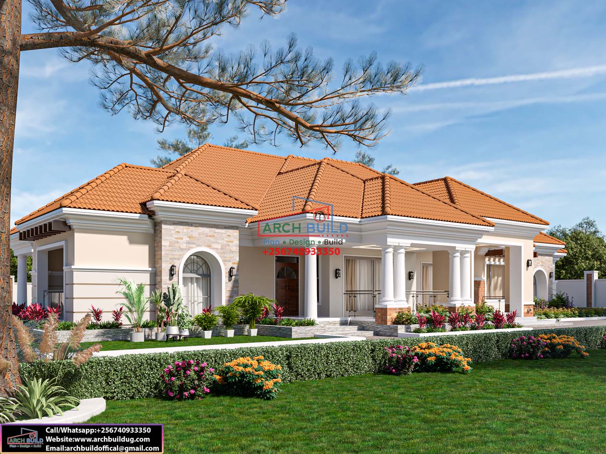 ArchBuildUg's tweet photo. 5–Bedroom modern house plan designed to fit on a plot of 100*100 ft        
GROUND FLOOR        
• Sitting room        
• Outdoor lounge        
• Indoor dining        
• Outdoor dining        
• Open kitchen        
• Breakfast dining        
• Pantry        
• Laundry        
• Kitchen veranda        
• Visitors’ bedroom self-contained with a veranda        
• General bath        
• House help                   
• Family lounge        
• Family balcony                    
• Master bedroom. 7* designed        
• Master balcony        
• Walk-in closet with his and hers        
• Master bath        
• Study/prayer room           
• Boys’ bedroom self-contained with a closet       
• Girls’ room self-contained with a closet ___________________________________        
Plan Design Build        __________________________________        
To get in touch with us,        
Call/WhatsApp: ￼⁨0740933350        
Email: archbuildoffical@gmail.com
