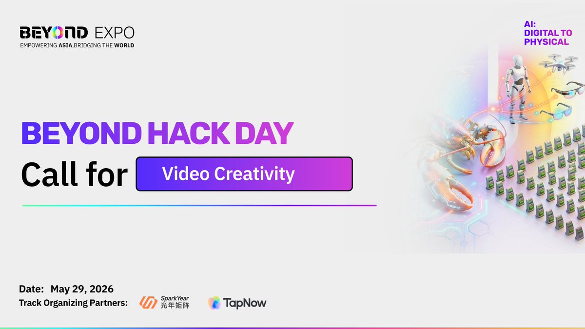 beyondtechexpo's tweet photo. BEYOND HACK DAY 2026 officially launches its Video Creativity Track 🎬
Co-hosted with Spark Year and Da’e Yuzhou (大鹅宇宙), creators and AI enthusiasts are invited to join a 10-hour onsite AIGC hackathon on May 29.
Using tools including TapNow AI, Jimeng, and CapCut, participants will create original AI-generated videos from scratch — with 5,000 TapNow credits provided for each participant.
📍 Macau
📅 May 29, 2026
From storytelling and visual design to AI-powered production, this is where creativity meets technology.
🔗 Register now: https://t.co/XqrP85sbtY
#BEYONDExpo #BEYONDHackDay #AI #AIGC #VideoCreation #GenerativeAI #Innovation