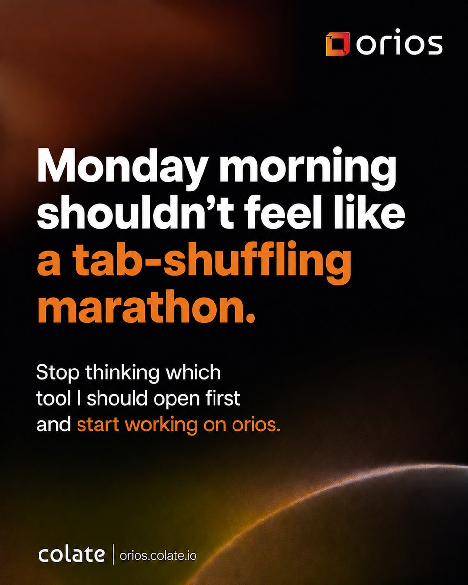 ColateAi's tweet photo. Your workday shouldn’t begin with endless tabs, scattered tools, and constant switching between platforms. ⚡

Stop wasting time deciding which app to open first and start focusing on the work that truly matters with Orios.

 One place to organize your workflow

 Smarter collaboration for the team

 Faster execution with fewer distractions

 A cleaner, more productive way to work

Why spend your Monday juggling tabs when you can simplify everything in one powerful workspace?

Whether you're a founder, creator, freelancer, or growing team. 

Orios is built to help you work smarter, stay organized, and move faster.

 Ready to upgrade your workflow?

 Start your FREE trial today.

👉 https://t.co/MvUgc60g6c

#Orios #Productivity #WorkflowManagement #TeamProductivity #WorkSmarter #SaaS #StartupTools #DigitalWorkspace