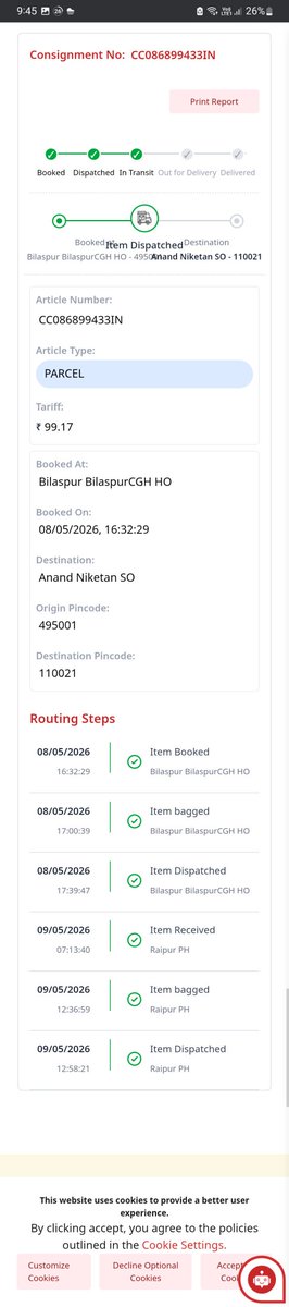 itsCsarma's tweet photo. @IndiaPostOffice Consignment No. CC086899433IN was dispatched from Raipur PH on 09/05/2026, but there has been no tracking update since then. Today is 13/05/2026. Kindly look into the delay and update the current status of the parcel. https://t.co/6XTnSySizb