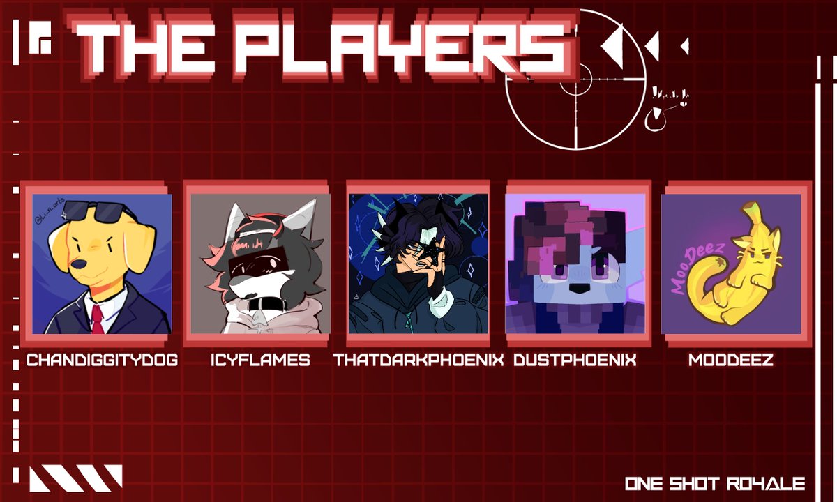 OneShotRoyale's tweet photo. Announcing the 7th batch of players for One Shot (???)

@Chandiggitydog @TheIcyFlames @ThatDarkPenix @_dust_phoenix_ @m00deez 

Who will outlast the rest? Find out Saturday May 16th at 2PM EST! https://t.co/lhE3B3jfw3