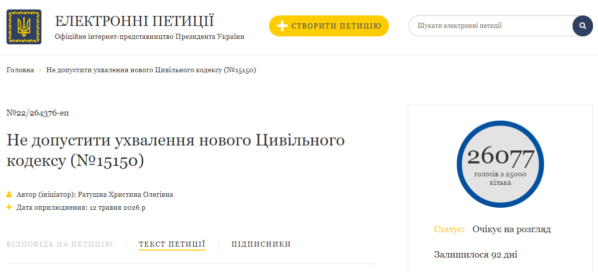kyiv_tv's tweet photo. ❗️Українці закликають не допустити ухвалення нового Цивільного кодексу: відповідна петиція менш ніж за добу набрала необхідну кількість голосів

Нагадаємо, скандальний документ критикують через те, що він може звузити права людини, зокрема у сфері сімейного права, прав жінок і ЛГБТ+ спільноти.