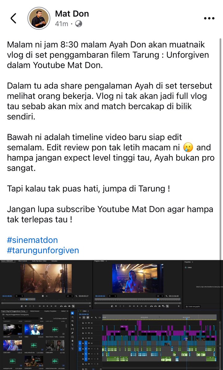 Don_Aziz's tweet photo. Malam ni 8:30 malam aku akan muatnaik vlog di set penggambaran filem Tarung : Unforgiven dalam Youtube Mat Don.

Bawah ni adalah timeline video baru siap edit semalam. Edit review pon tak letih macam ni 🥲 so please tonton, share and subcribe geng. 

#sinematdon
#tarungunforgiven https://t.co/NEP88xx8AO