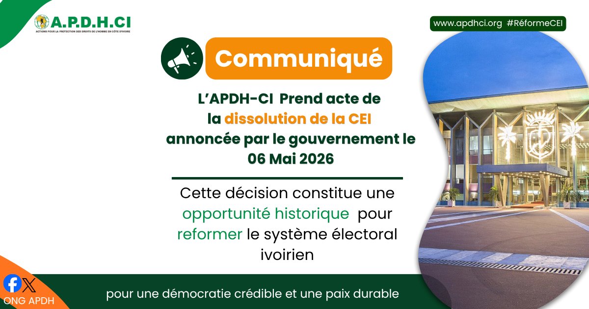 ApdhCi's tweet photo. 🇨🇮 L’APDH-CI prend acte de la dissolution de la CEI annoncée par le Gouvernement ivoirien.

Pour notre organisation, cette décision ouvre une opportunité historique de réforme du système électoral ivoirien.

#RéformeCEI https://t.co/rdVlgahiRl