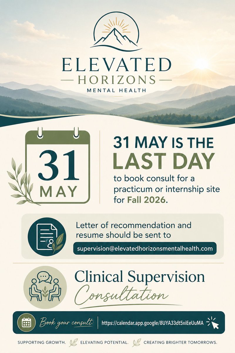 mslexx88's tweet photo. Window is Closing for Fall 2026 placement for Practicum and Internship

Clinical Supervision Consultation
https://t.co/cDfp8Hs0dj https://t.co/wKMTvBKzL3