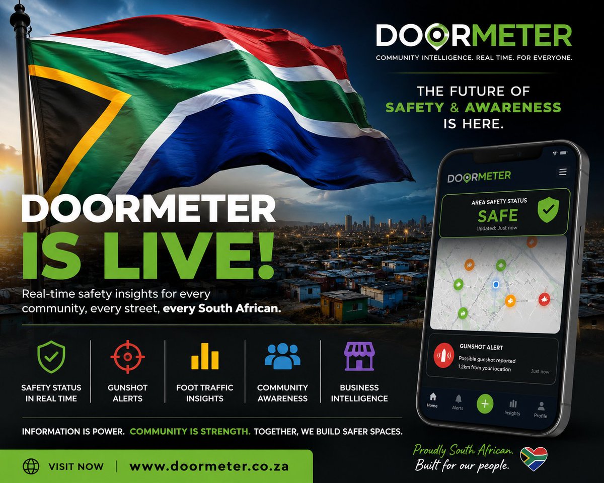Lmaloro_ZA's tweet photo. 🇿🇦 South Africa, we’re LIVE.
Doormeter is real-time community intelligence for kasi &amp; city life.
🔹 Safety status
🔹 Gunshot alerts
🔹 Foot traffic insights
🔹 Community awareness
Built for African realities.
Powered by communities.
🚀 Visit: https://t.co/sfSkCW9D6l
#Doormeter https://t.co/aB0lcl29cs