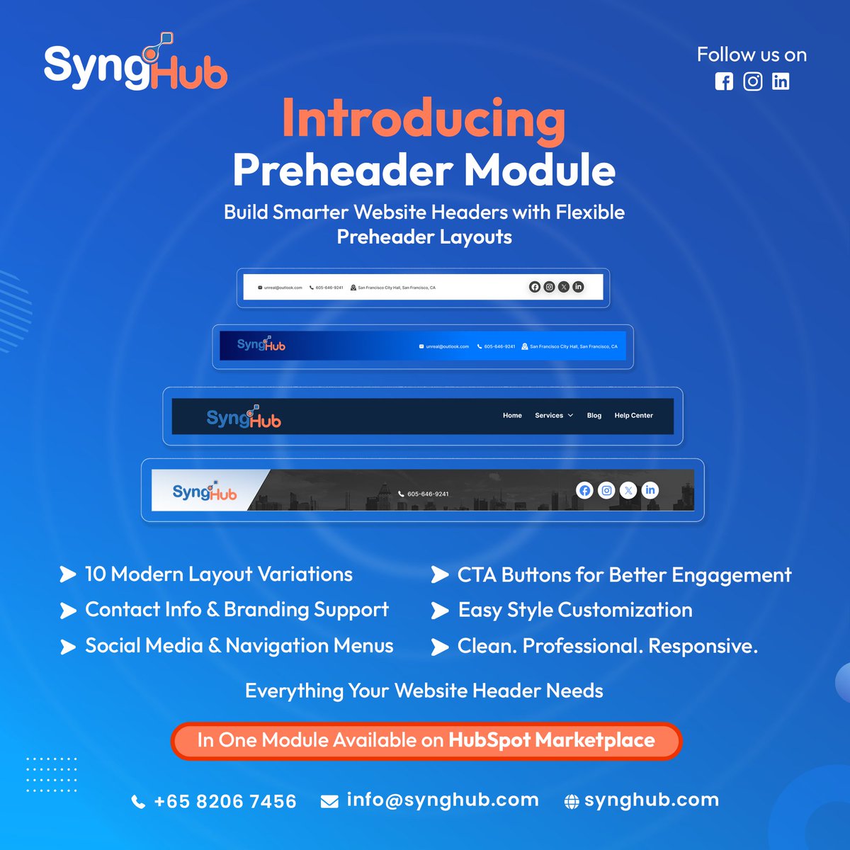 synghub's tweet photo. Introducing the Preheader Module ✨

Smarter website headers with flexible layouts, branding support, navigation menus &amp; CTA buttons — all in one module.

Now available on HubSpot Marketplace 🚀
👉 https://t.co/xzfripmEFP

#HubSpot #WebDesign #UIUX #SyngHub #ResponsiveDesign https://t.co/Qy8MU3iTuy