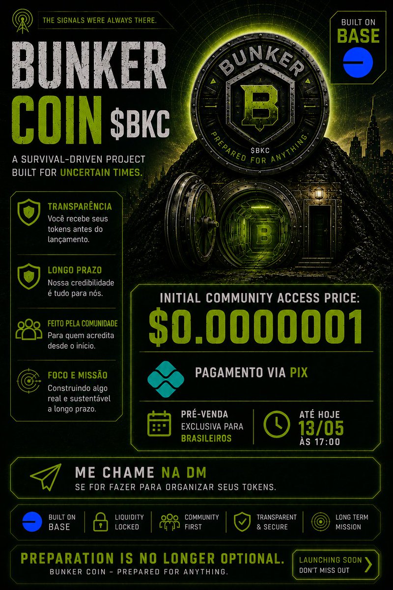 BunkerCoinOfc's tweet photo. 🇧🇷 Pré-lançamento exclusivo para brasileiros iniciado.

Initial community access price:
$0.0000001

Adquira seus BKC antes da abertura oficial de liquidez.

⚡ PIX disponível
🔒 Tokens enviados diretamente para sua wallet na Base

📩 DM:
https://t.co/aGNo6HBlXG

👥 Grupo:
https://t.co/yXGSD3DAZv

$BKC #Crypto #Web3