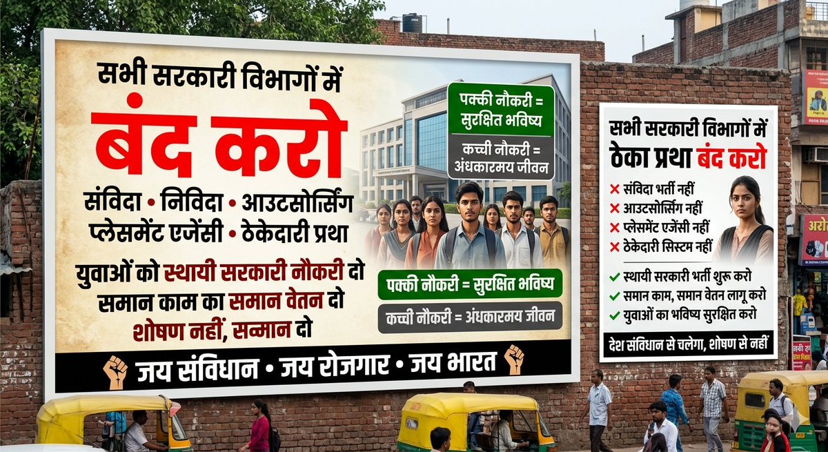 RajasthanS29772's tweet photo. सरकारी विभाग में संविदा निविदा आऊटसोर्सिंग प्लेसमेंट एजेंसियों और ठेकेदारीप्रथा कॉन्ट्रैक्ट सिस्टम बन्द करो रोजगार पक्का होना चाहिए 
आर्थिक और मानसिक शोषण समाप्त करो।
@SCofIndia 
@SupremeCourtIND 
@SCI_official
@PMOIndia_RC 
@PMOIndia 
@narendramodi 
@VPIndia 
@rashtrapatibhvn https://t.co/avoO9cTMwa