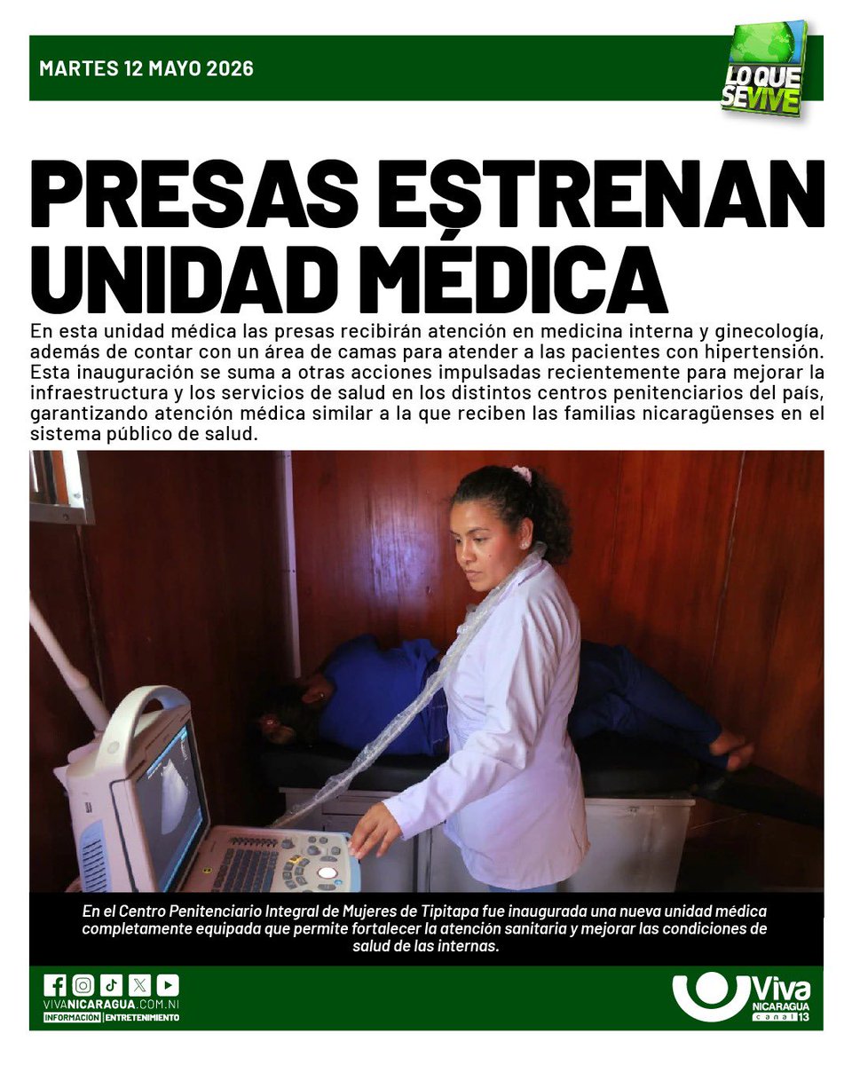 VivaNicaragua13's tweet photo. 📌 En el Centro Penitenciario Integral de Mujeres de #Tipitapa fue inaugurada una nueva unidad médica completamente equipada, que permite fortalecer la atención sanitaria y mejorar las condiciones de salud de las internas. 👩🏻‍⚕️🩺

#Salud #Nicaragua #LoQueSeVive https://t.co/DYiHZ8rycz