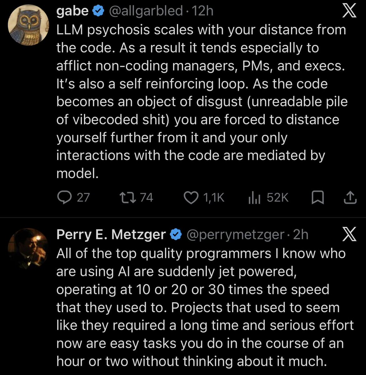 graadient's tweet photo. State of ai coding - dare I say polarising? https://t.co/o6ivPLlgqP