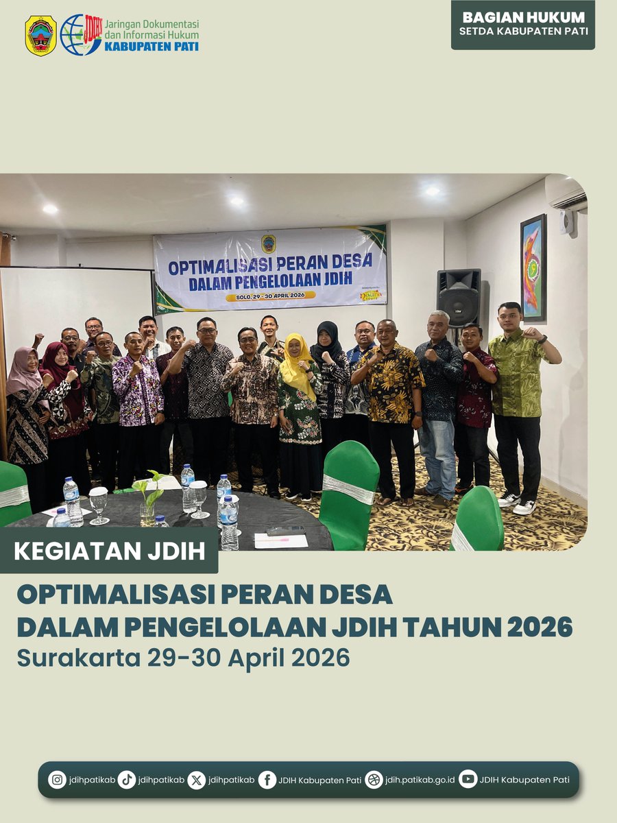 jdihpatikab's tweet photo. JDIH Kabupaten Pati melaksanakan Rapat Koordinasi dan Peningkatan Kapasitas Pengelolaan JDIH Desa Tahun 2026 di Hotel Lor In Syariah Solo 29-30 April 2026. Dalam rangka mengintegrasikan dokumen hukum berupa peraturan desa yang ada di desa. https://t.co/HAC5P6CR6e