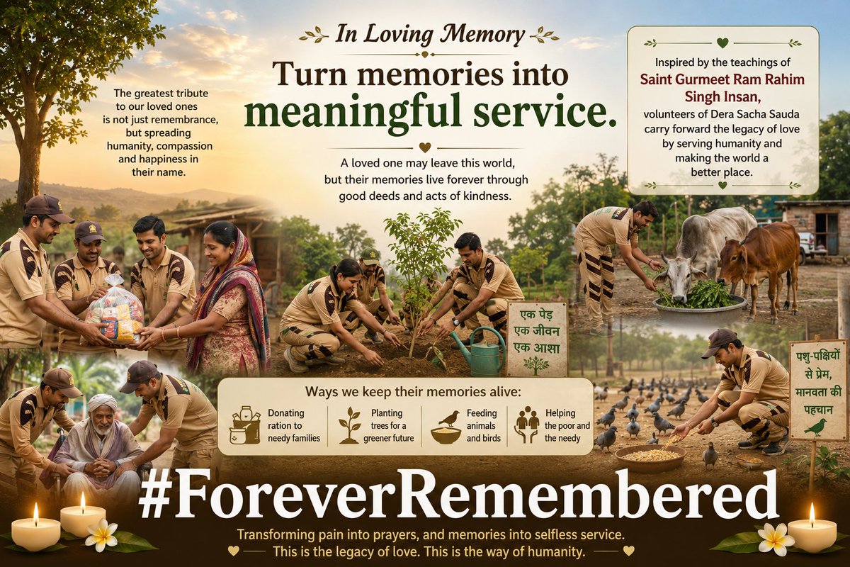 VrGrover's tweet photo. loved one may leave this world, but their memories live forever through good deeds. Under the guidance of Saint Gurmeet Ram Rahim Ji, DSS followers perform activities like providing rations to the needy and planting trees in memory of their loved ones. #ForeverRemembered https://t.co/OPoFIRGsX8