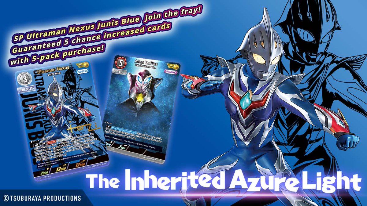 udcc_en's tweet photo. ◤#UltramanDigitalCardCollection◢
The sale of the card pack "The Inherited Azure Light" featuring "Ultraman Nexus Junis Blue"(SP) , will be on sale until May 18!🤩
Don't miss out!👀
#UltramanCardGame #UltraDigiCard https://t.co/33Xo6D9JmZ