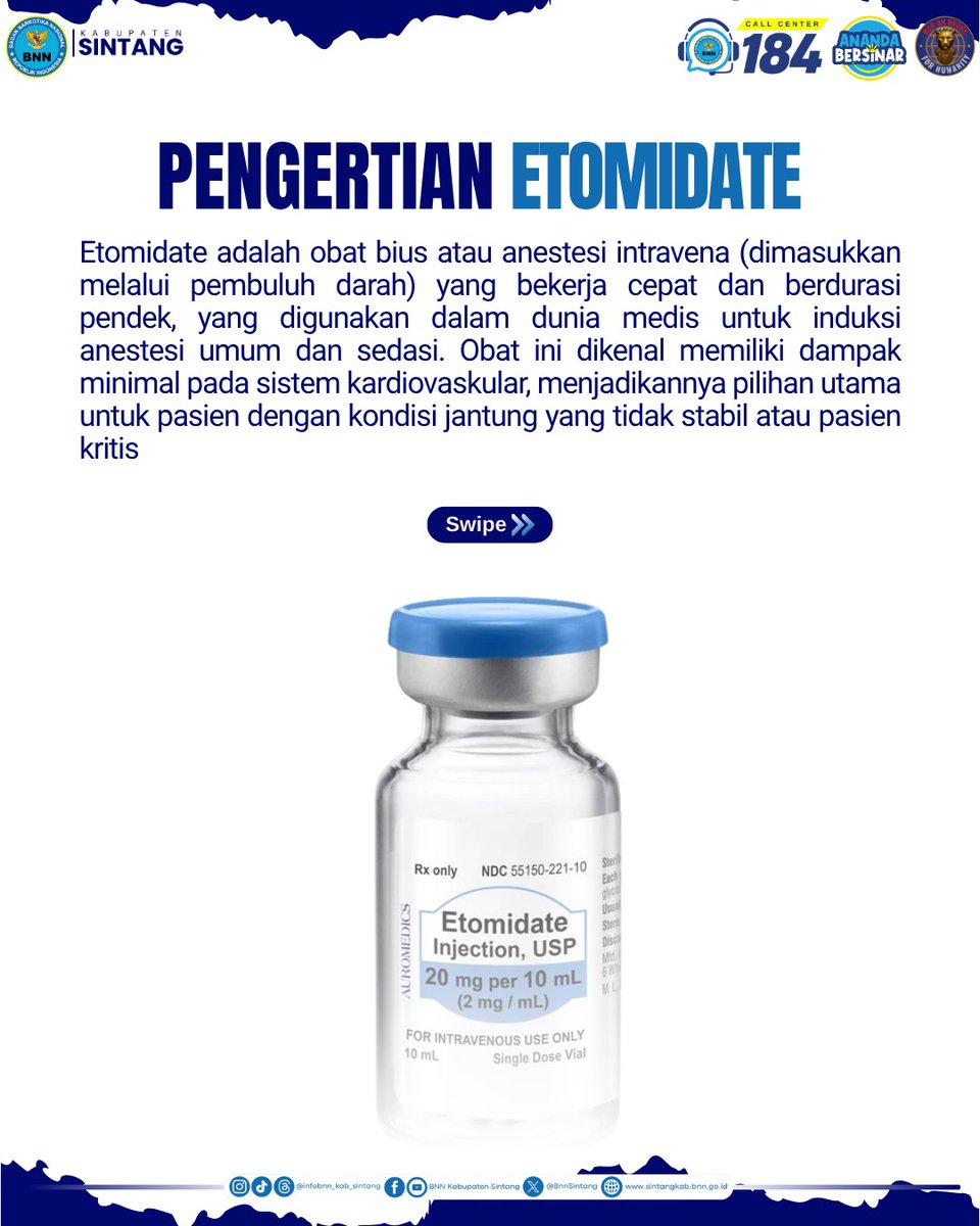 BnnSintang's tweet photo. Tahu gak? Kalau Etomidate resmi masuk Narkotika Golongan II

Waspada bahaya penyalahgunaan Etomidate dalam cairan liquid vape/pod. https://t.co/0uumBG5slh