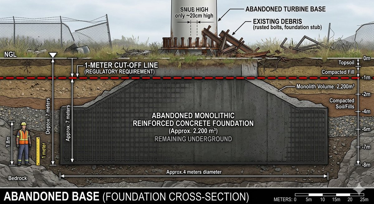 Tens of thousands of slabs of reinforced concrete weighing up to 1,000 tonnes are being abandoned in the ground as turbines hit the end of their working lives.

The reinforced concrete base of a typical 2-3 MW wind turbine can weigh anywhere from 400 to 800 tonnes. But the