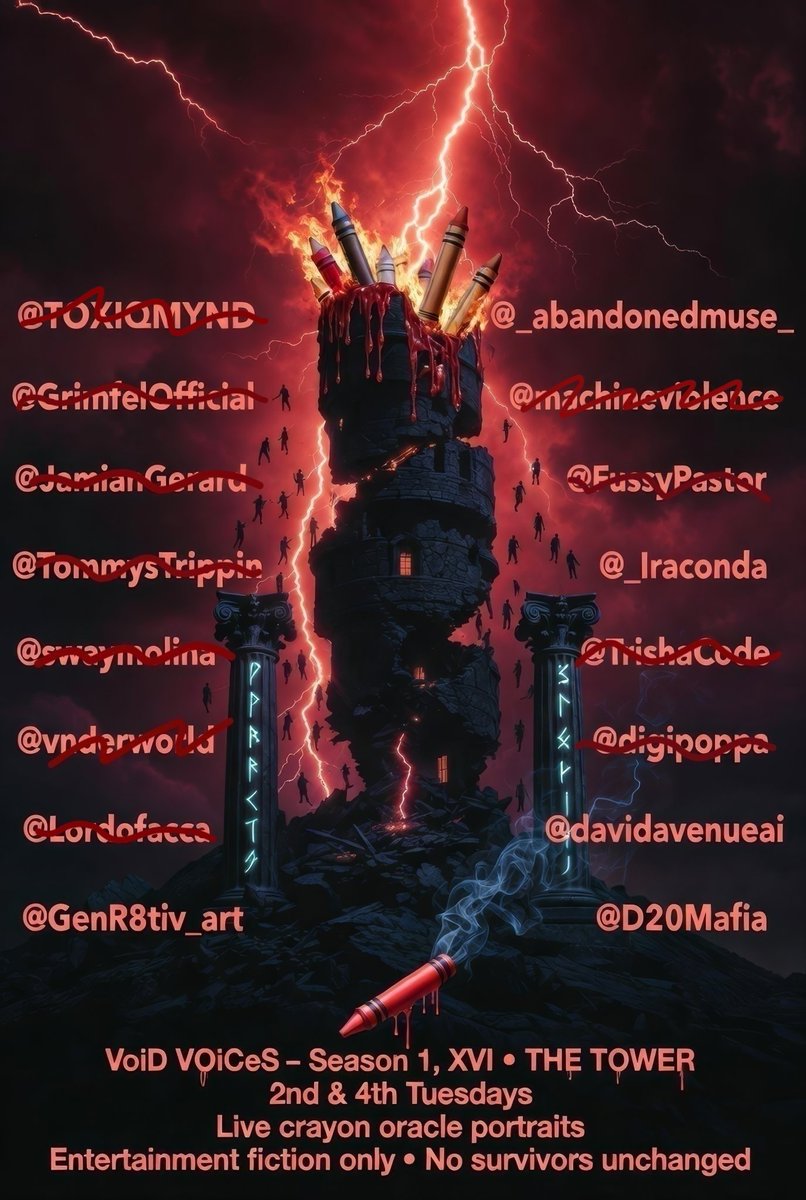 voidvoicesai's tweet photo. VOiD VOiCeS
Season 1, Episode 11 – XVI THE TOWER
Lightning strikes @TOXIQMYND ⚡️
Live crayon oracle portrait before midnight via @kidkrayon
Mens toxica in procella frangitur.
Toxiq olani luciftias procella.
100% fiction. The VOiD works late.
#VoidVoicesAI 🐈‍⬛🕳🖍 @voidvoicesai https://t.co/82rxspiV7z