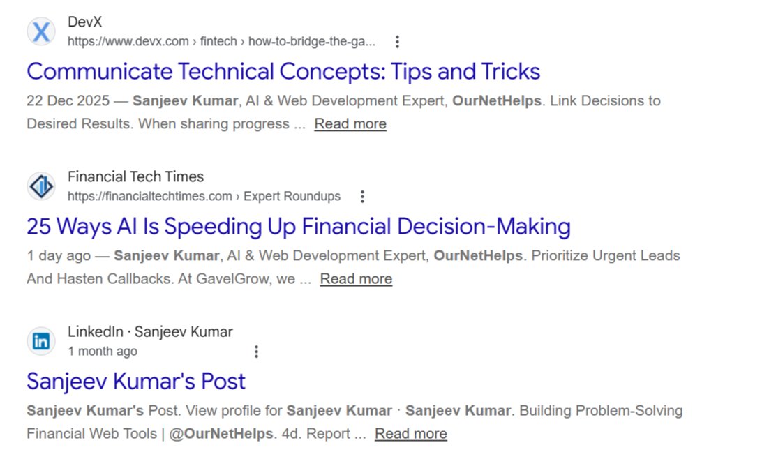 SanjeevBuilds's tweet photo. A few months ago, most of my work existed quietly behind screens.

Today my name is showing up on Google connected with AI, finance tools, and automation systems.

Recently featured in an article about AI speeding up financial decision-making.

Still learning. Still building. https://t.co/QaLXxIw6Tr