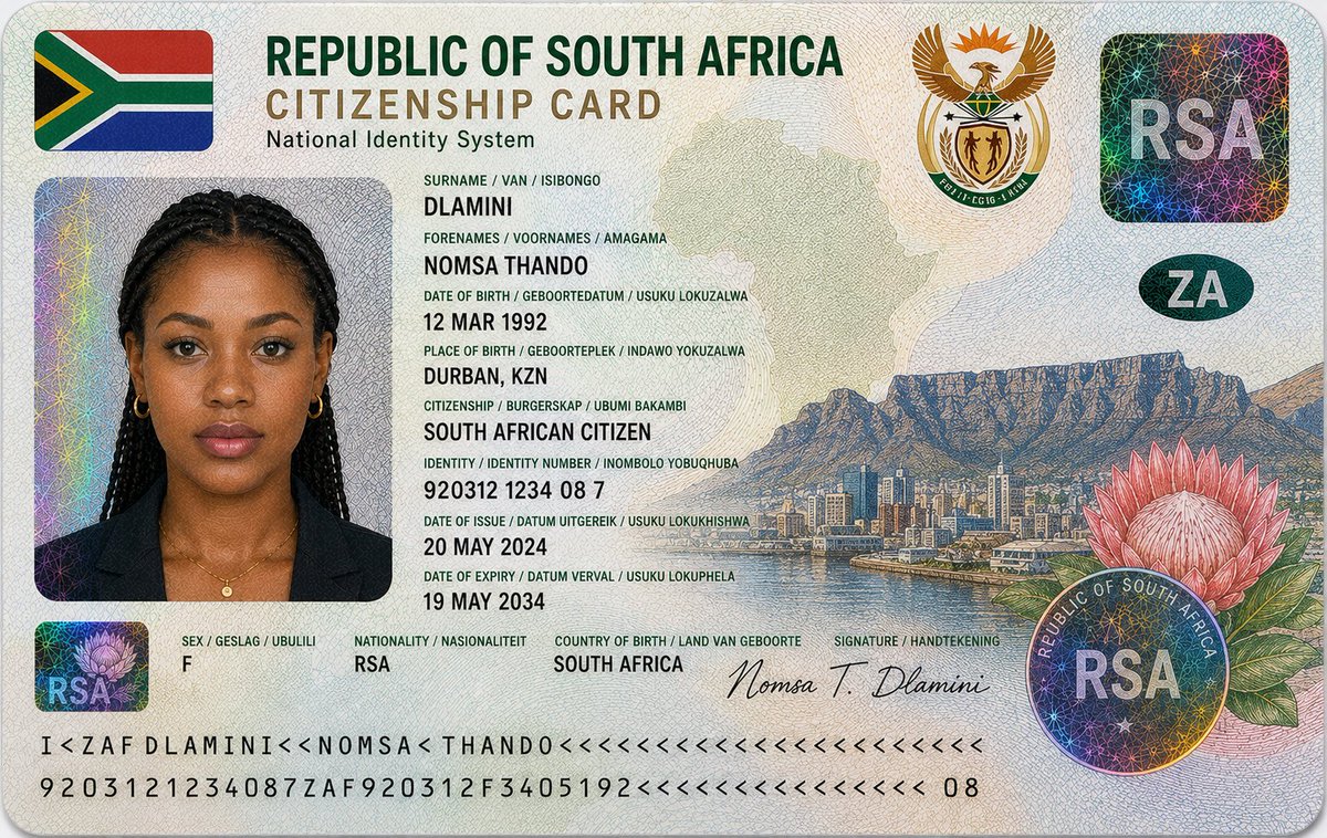 Ankit_patel211's tweet photo. GPT Image 2 

Ultra-realistic 16:9 close-up studio photograph of a South African citizenship identity card placed on a clean light grey or soft neutral background. The card is horizontally aligned, centered in frame, captured in sharp macro focus with soft diffused studio lighting.
The design follows a modern South African government-issued identity document aesthetic with structured multilingual typography, engraved security artwork, and advanced anti-counterfeit detailing.
Large bold header at top reads: “REPUBLIC OF SOUTH AFRICA” with secondary title “CITIZENSHIP CARD” and subtitle “National Identity System.”
Top-left corner features the South African national flag. Upper-right includes the official South African coat of arms with eagle crest and shield emblem.
The card contains a passport-style portrait of a young Black South African woman:
– Deep warm brown skin tone with realistic skin texture
– Long braided black hair neatly styled back
– Dark brown eyes, neutral expression, direct gaze
– Minimal makeup with documentary realism
– Wearing a black blazer or dark formal top with subtle gold necklace and earrings
Personal identity information displayed in multilingual South African format:
– Surname / Van / Isibongo: DLAMINI
– Forenames / Voornames / Amagama: NOMSA THANDO
– Date of Birth / Geboortedatum / Usuku Lokuzalwa: 12 MAR 1992
– Place of Birth / Geboorteplek / Indawo Yokuzalwa: DURBAN, KZN
– Citizenship / Burgerskap / Ubuni Bakambi: SOUTH AFRICAN CITIZEN
– Identity / Identity Number / Inombolo Yobuqhuba: 920312 1234 08 7
– Date of Issue / Datum Uitgereik / Usuku Lokukhishwa: 20 MAY 2024
– Date of Expiry / Datum Verval / Usuku Lokuphela: 19 MAY 2034
– Sex / Geslag / Ubulili: F
– Nationality / Nasionaliteit: RSA
– Country of Birth / Land van Geboorte: SOUTH AFRICA
Security and design features include:
– Intricate guilloche security line patterns across the entire card surface
– Fine microprinted anti-counterfeit textures
– Holographic foil patches with iridescent rainbow reflections
– Transparent layered security overlays
– Circular “RSA” holographic security seal
– Holographic floral patch featuring the national protea flower
– Faint outline map of South Africa integrated into background texture
– Detailed engraved illustration of Table Mountain and Cape Town skyline across the right side
– Large protea flower artwork blended into lower-right corner
– Machine-readable identity strip along bottom edge
– Signature at bottom: “Nomsa T. Dlamini”
Additional design styling:
– Soft green, gold, blue, red, black, and white gradients inspired by the South African flag
– Polycarbonate laminated card texture with realistic reflections and embossed micro-detail
– Modern high-security government document appearance with engraved banknote-style illustration work
Lighting is soft and evenly diffused, emphasizing holographic effects, engraved textures, and realistic print detail without harsh shadows. No hand visible.
Style: ultra-detailed, photorealistic, 8K resolution, macro clarity, professional product photography, documentary realism, highly realistic government ID card design.