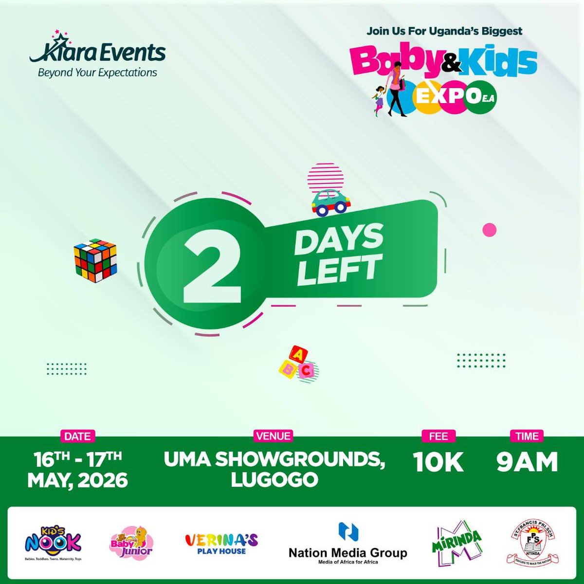 BabyKidsExpoEA's tweet photo. The countdown is on!!!
We're just 2 days away from the Baby and Kids Expo 2026. 
Get ready to dive into a weekend of learning, laughter, entertainment and shopping. 
Join us from 16th-17th May 2026, at UMA Showgrounds.

#KiaraEvents 
#BabyAndKidsExpo26
#CareBeforeCrisis https://t.co/TLopMZu8eS