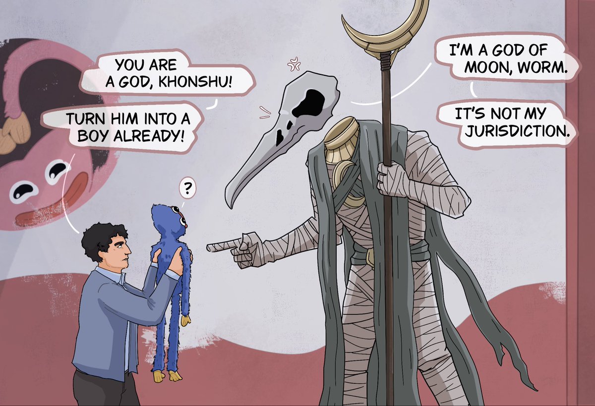 MrNaught4's tweet photo. Moon Knight has a busy schedule. First you’re fucking crime, monsters, and gods. Then you face shit even darker — killing time at an abandoned toy factory, stuck playing daddies to troubled kids. 

And Khonshu doesn't pay for overtime…

#moonknight https://t.co/a73S9z7l3Y