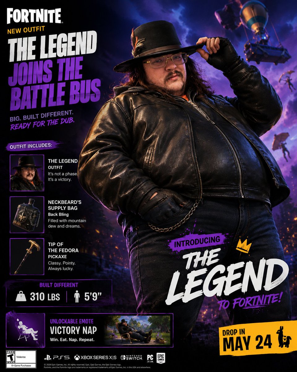 ImTheMarchetti's tweet photo. BREAKING: Multiple Fortnite leakers are claiming Epic is preparing a new skin codenamed “The Legend.”
Supposedly includes:

Victory Nap emote

Tip of the Fedora pickaxe

“Built Different” loading screen

Neck Beards Supply Bag Back Bling

(Satire, Duh)

#FortniteLeaks #Fortnite https://t.co/nrsg9SOnYV