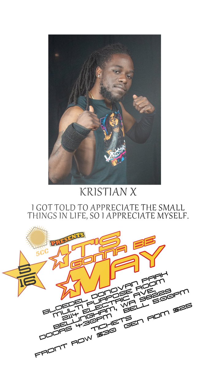 5CCWrestling's tweet photo. A Bellingham favorite, KristianX is back in the five sided ring on Saturday, May 16th! 

Tickets: https://t.co/kXe9FDF6QB https://t.co/OLtPrza05Y